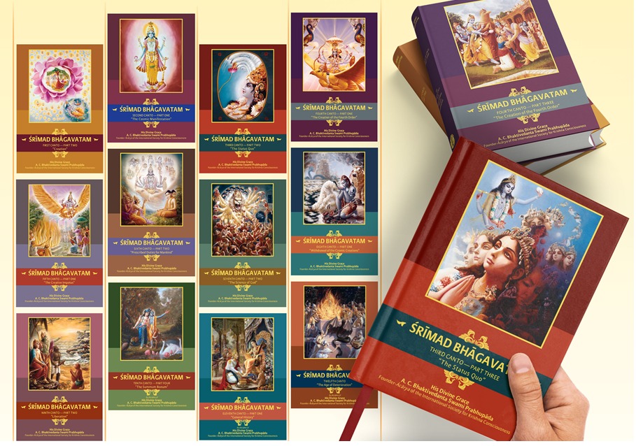Beautiful collection of Srimad Bhagavatam books with colorful spiritual artwork covers