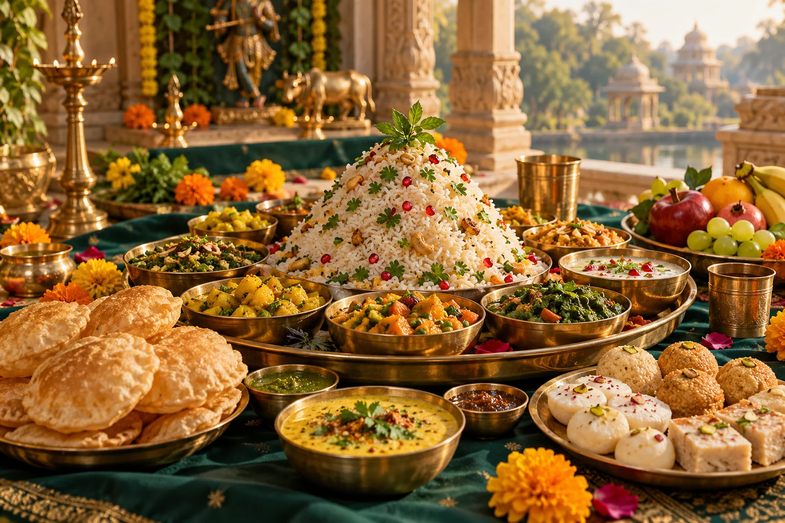 Illustrative Annakuta offering: a rice hill surrounded by vegetables, puris, fruit and sweets on brass plates