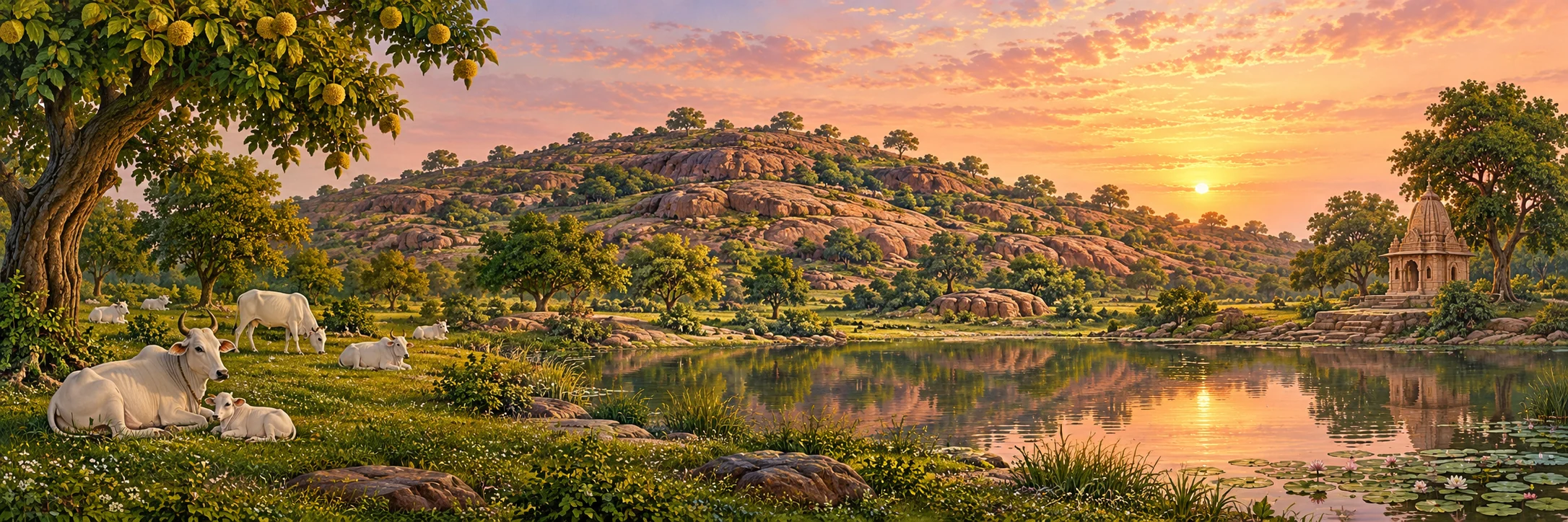 Original devotional landscape illustration of a low rocky Govardhan hill, cows and a peaceful pond at dawn; not a geographical photograph